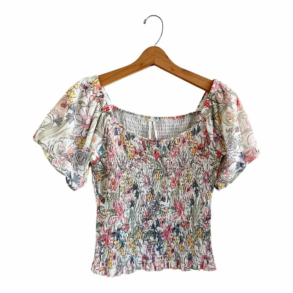 ANTHROPOLOGIE Aurelia Smocked Floral Puff Sleeve Top X-Small EUC